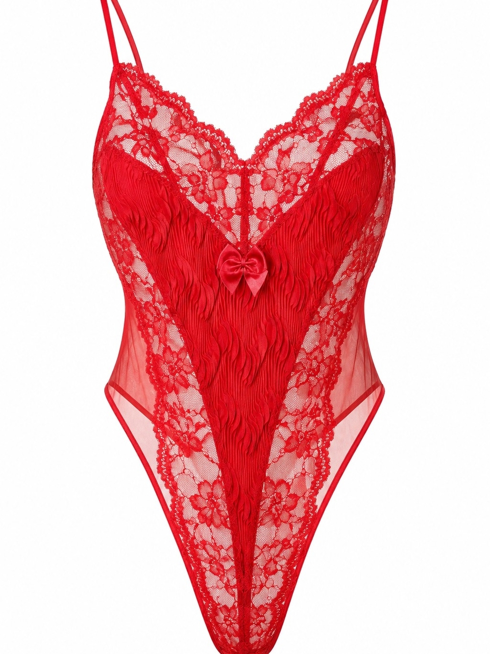Red Lace Sheer V‑Neck Teddy/ Bodysuit